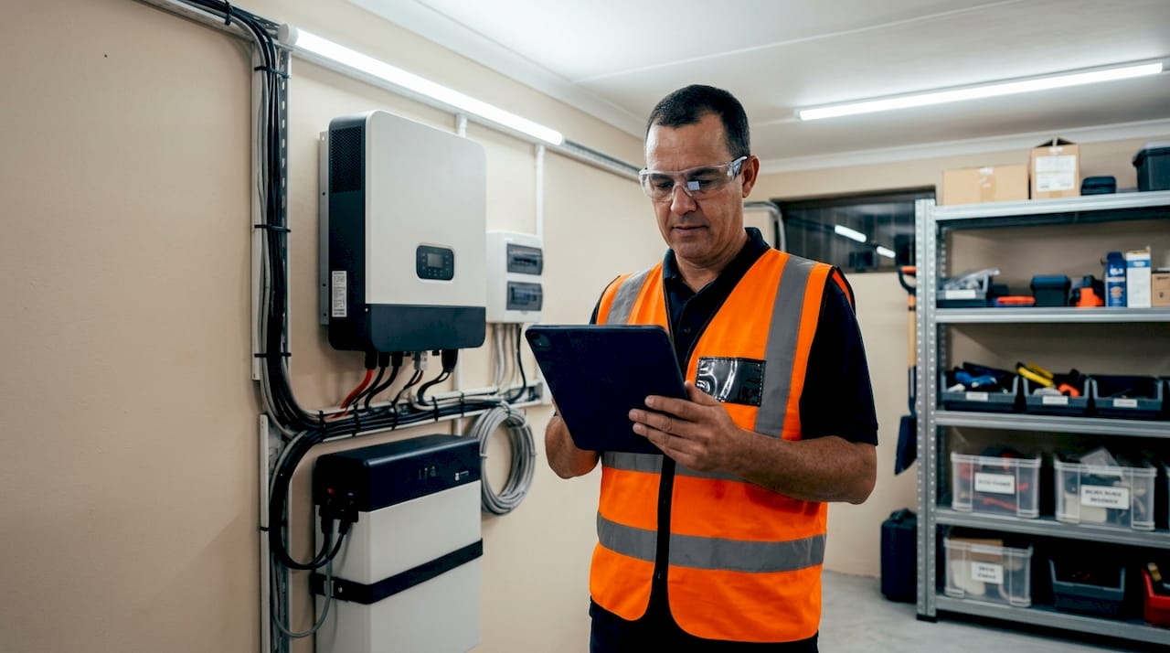 Technician checking hybrid inverter indoors