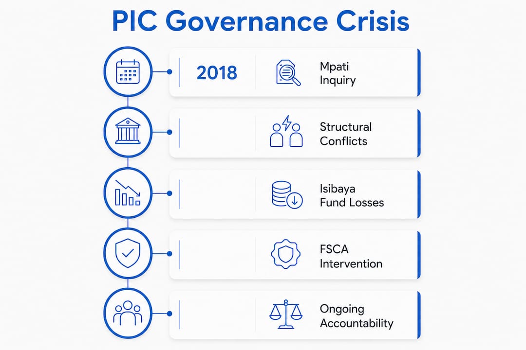 Infographic showing PIC governance crisis timeline and key points