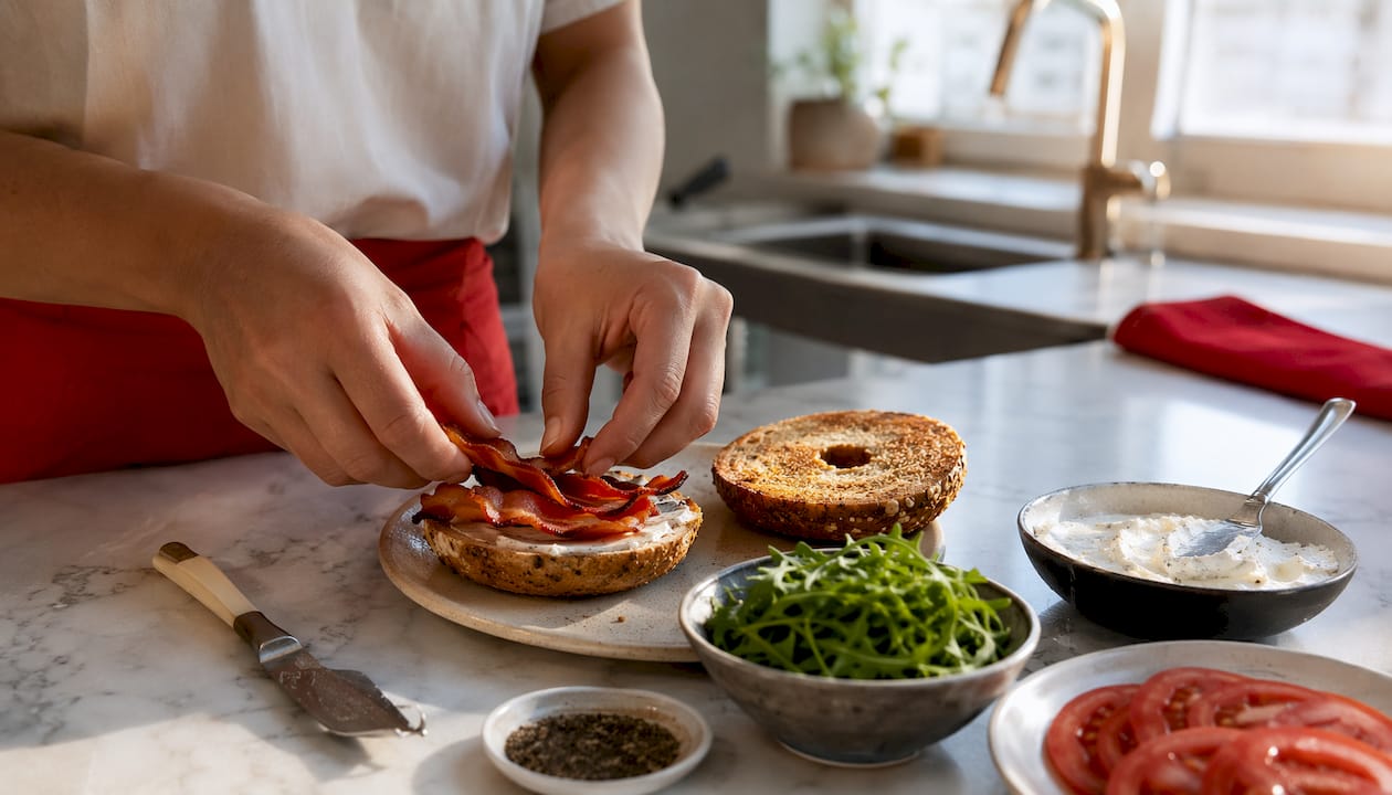Hands assembling bagel sandwich with fresh ingredients