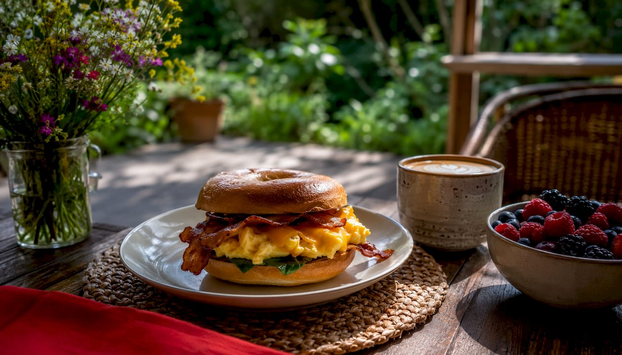 Classic bacon egg cheese bagel sandwich on plate