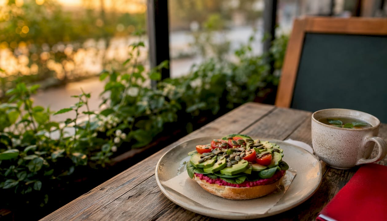 Colorful vegetarian bagel sandwich at dining nook
