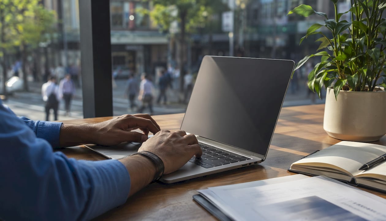 Hands typing at procurement intelligence workstation