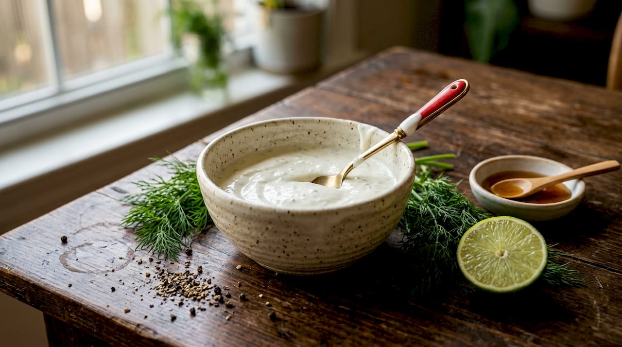 Bowl of creamy Greek yogurt dressing with spoon
