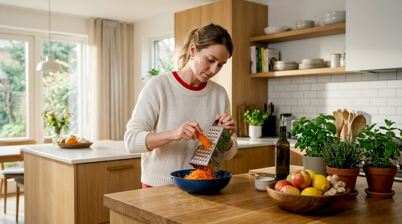 Hands grating fresh carrots over bowl