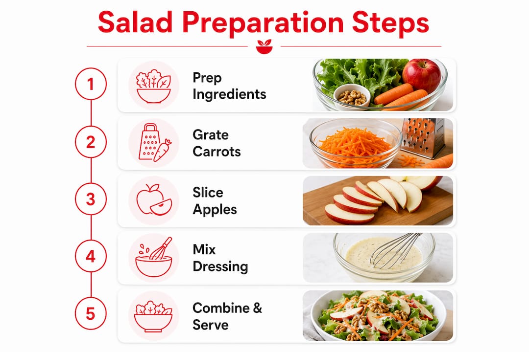 Infographic illustrating apple and carrot salad preparation steps