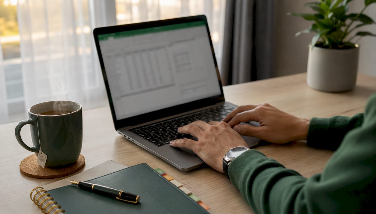 Hands typing Excel formulas on laptop keyboard