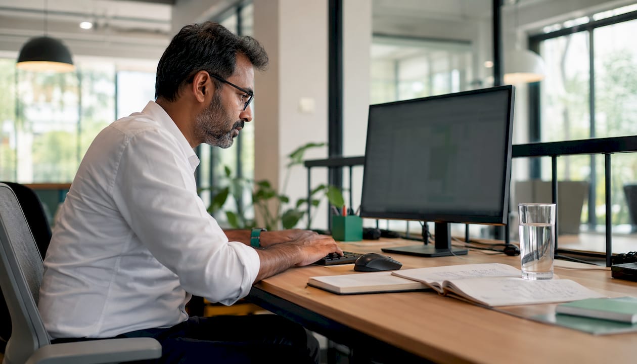 Professional using dual monitors for Excel learning