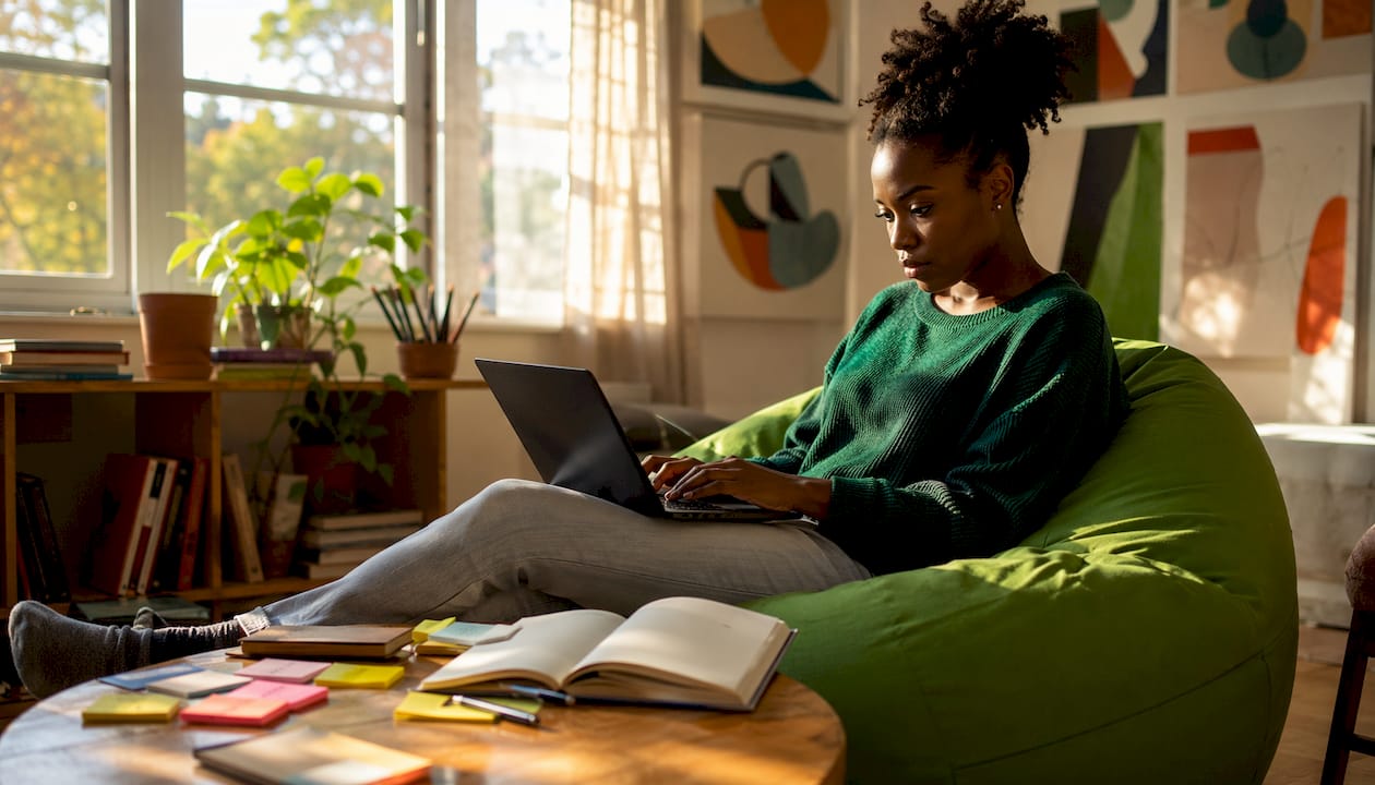 Woman studying Excel on laptop in home office