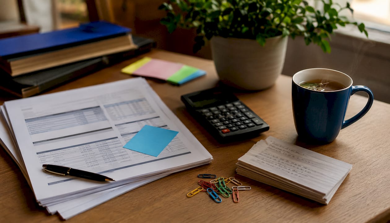 Flat-lay of tender bid preparation materials