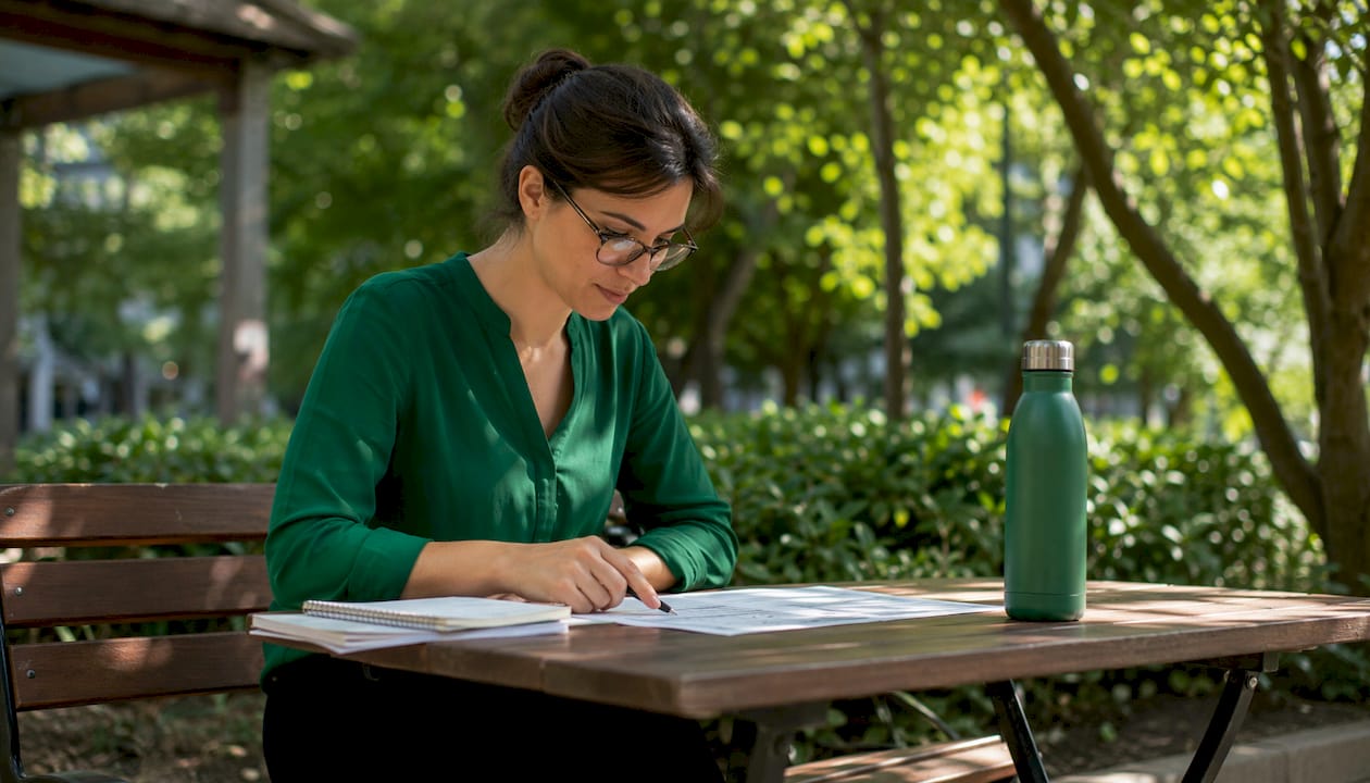 Woman studying Excel functions cheat sheet