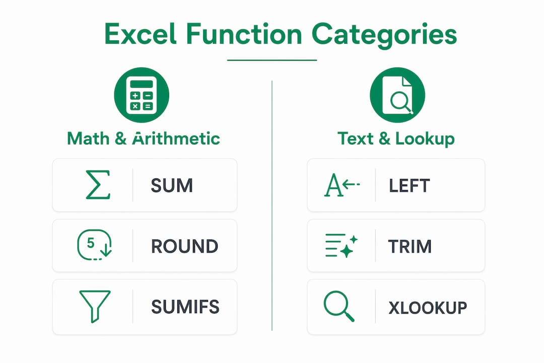 Infographic showing Excel functions categories