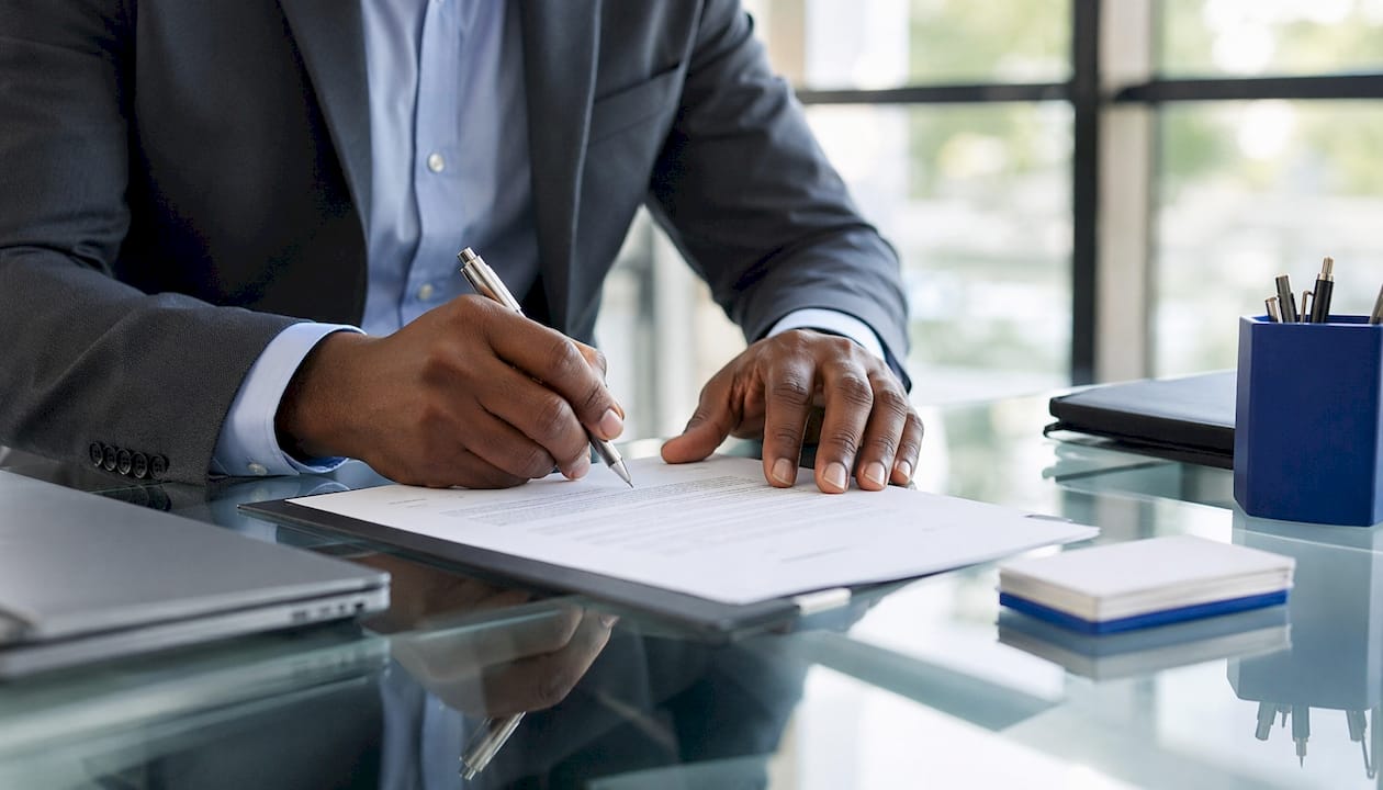 Hands signing legal compliance documents