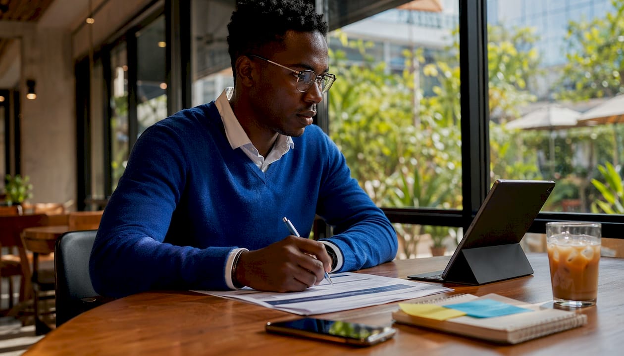 Man writing technical proposal notes