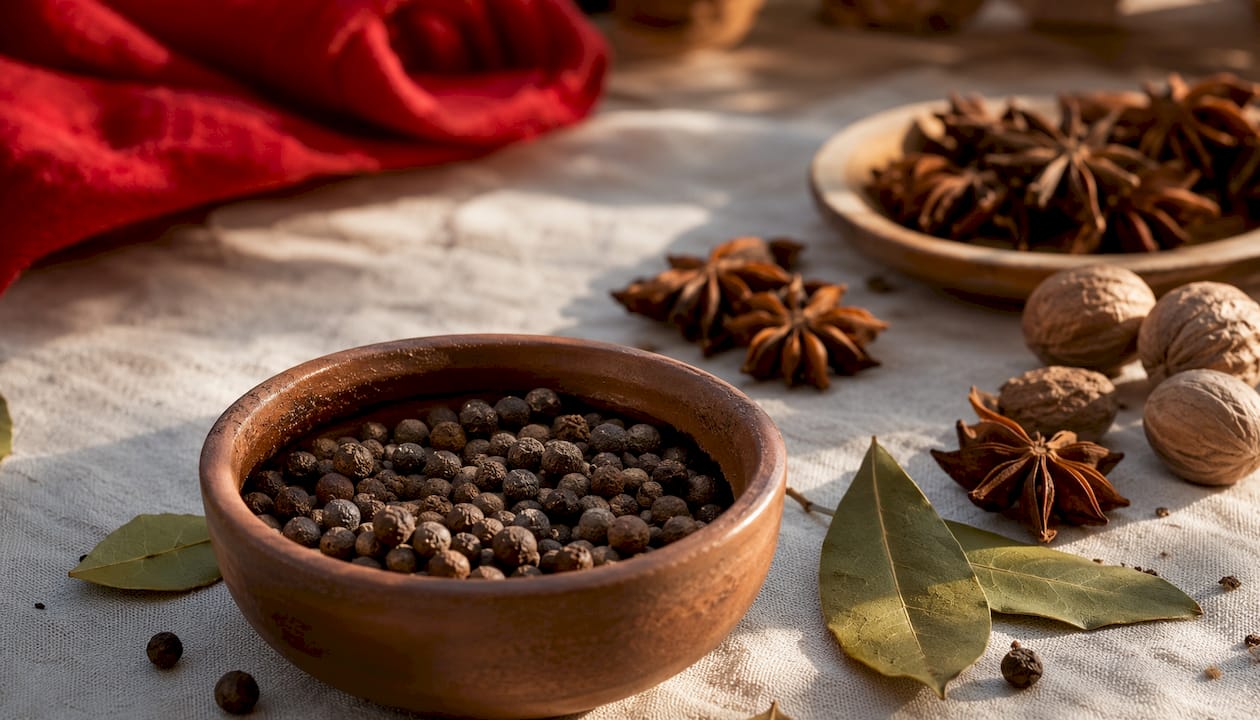 Close-up of allspice berries in wooden bowl