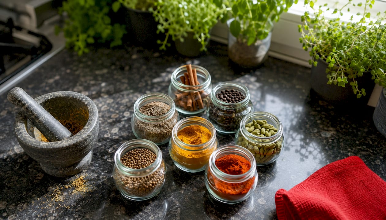 Seven spices in jars on wooden counter with mortar and pestle