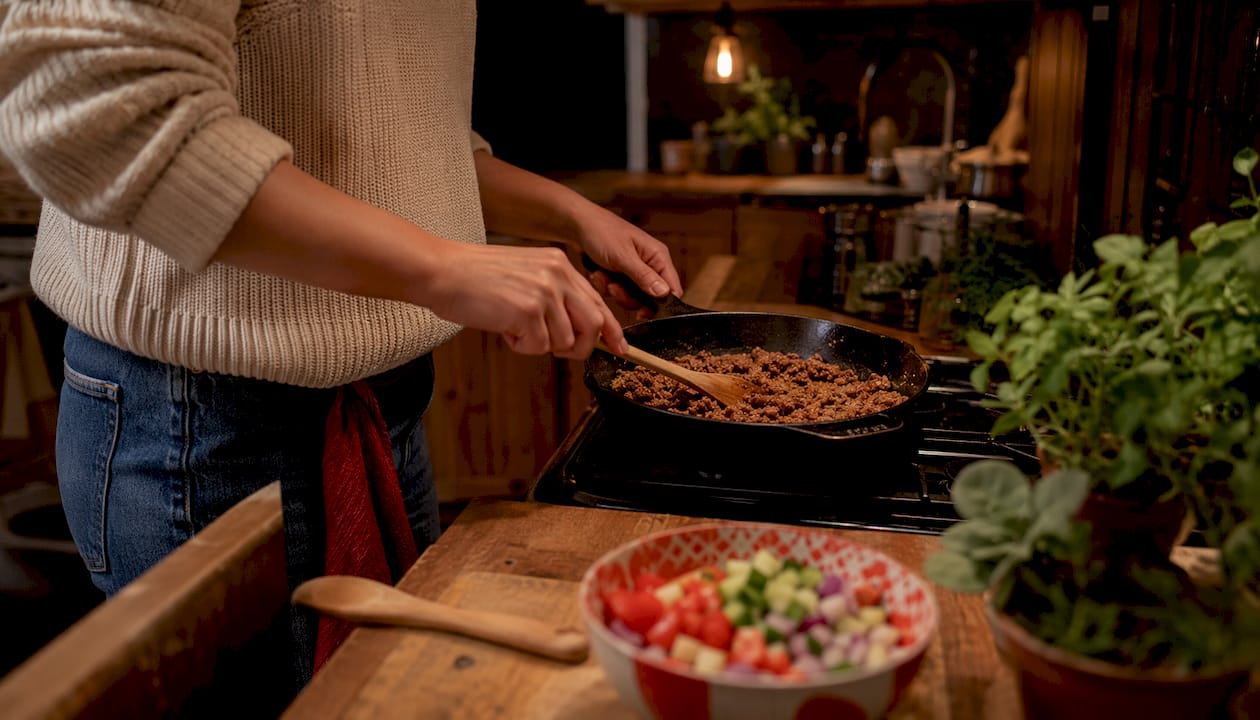Hands cooking spiced ground meat in skillet