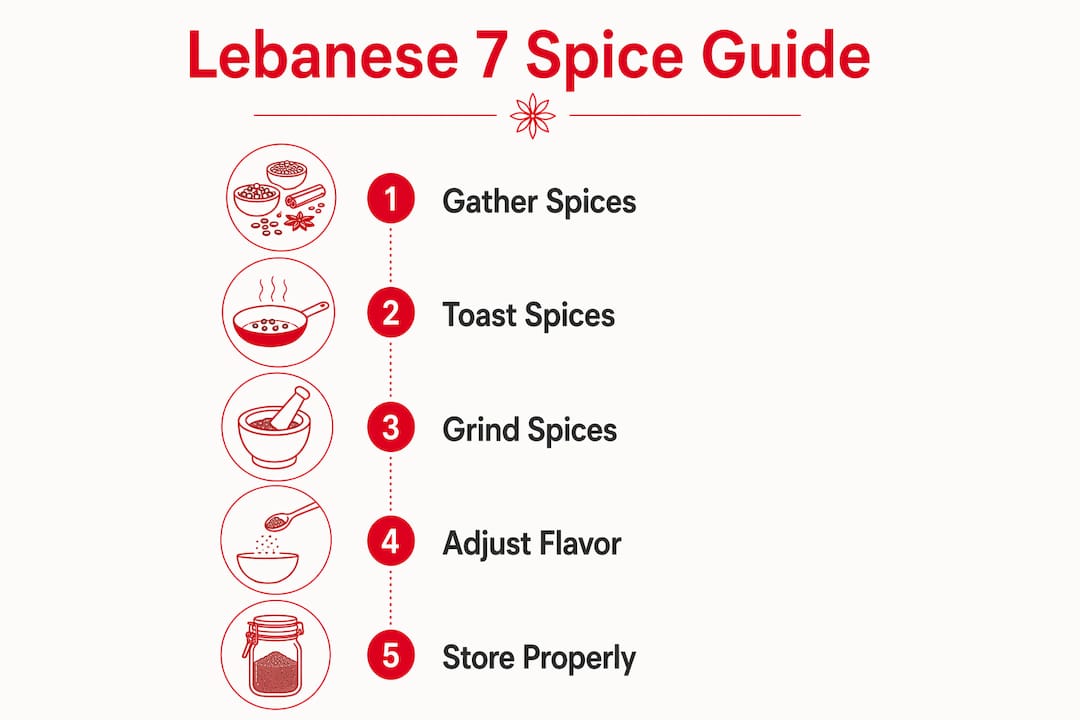 Infographic showing Lebanese 7 spice preparation steps and tips