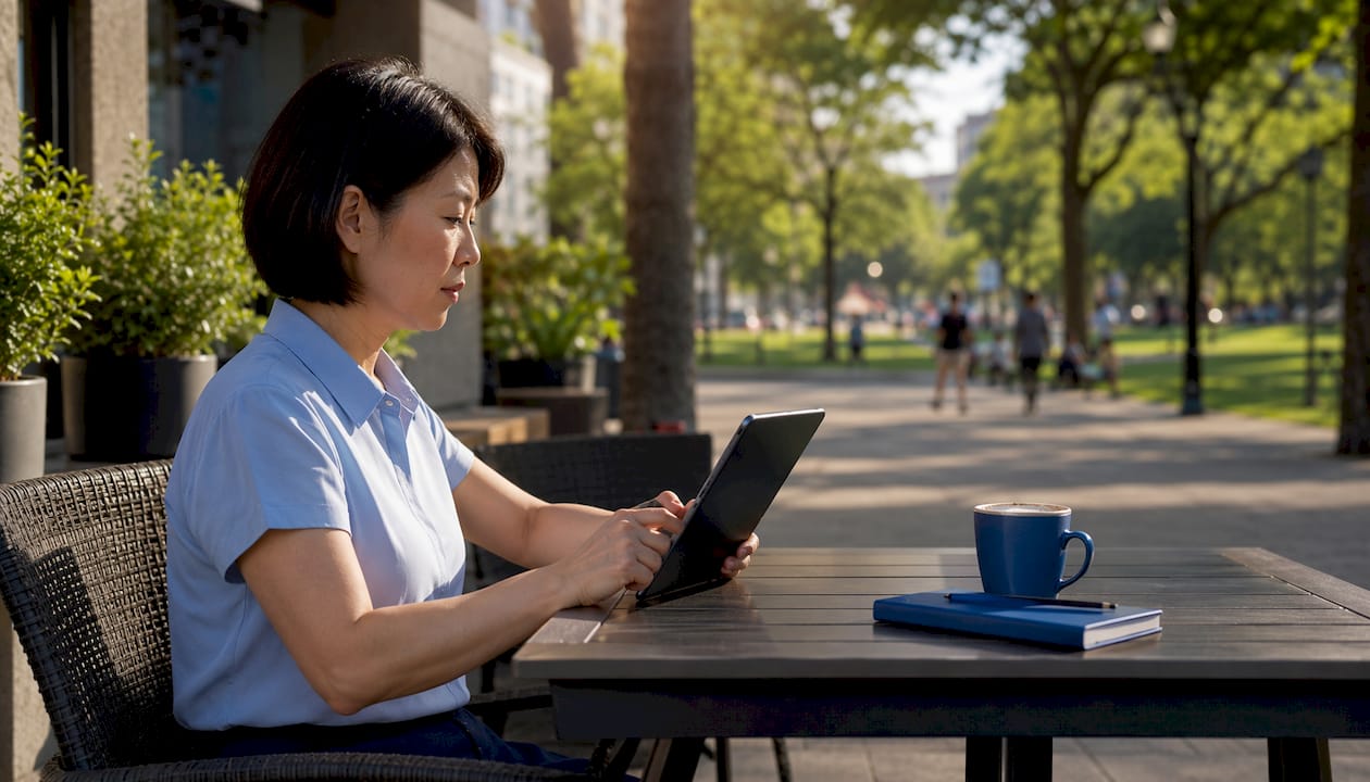 Woman updating professional profile on tablet