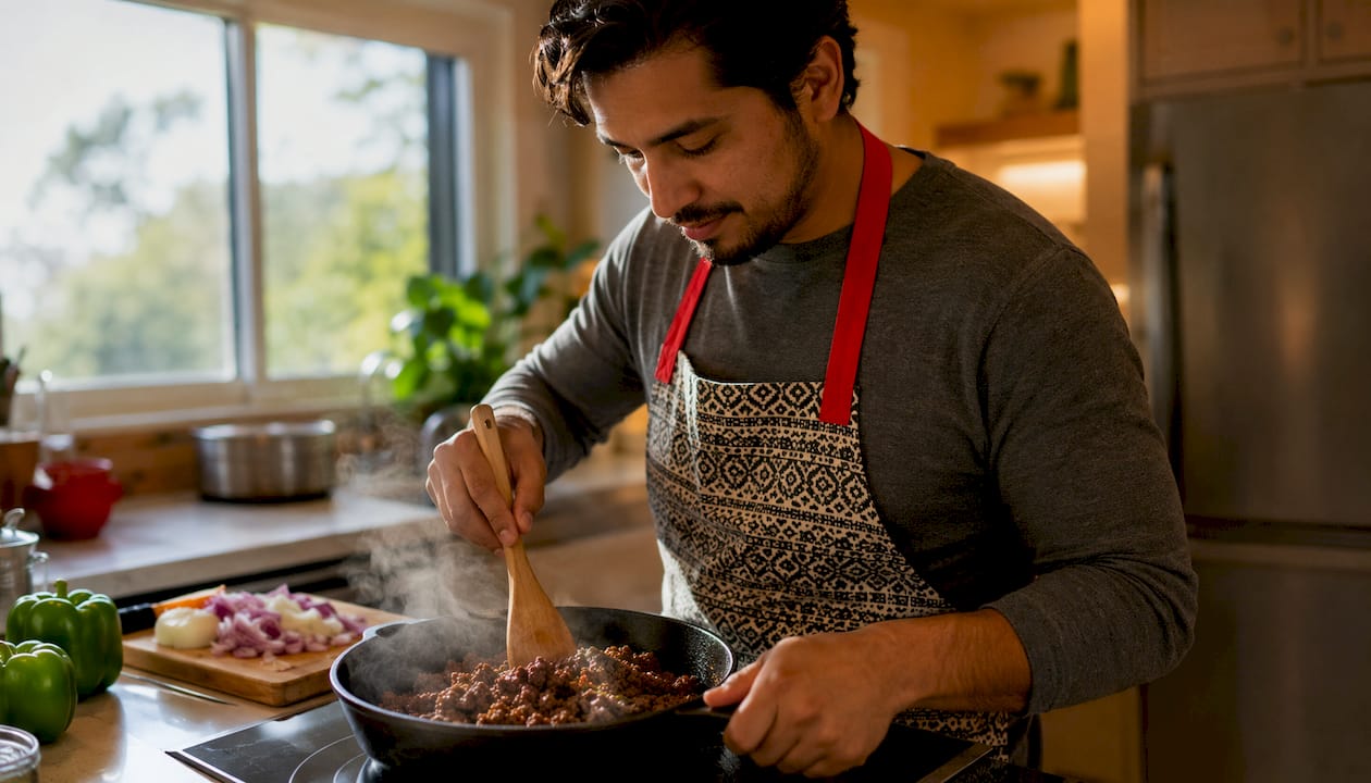 Young man cooking seasoned ground beef in cast iron skillet