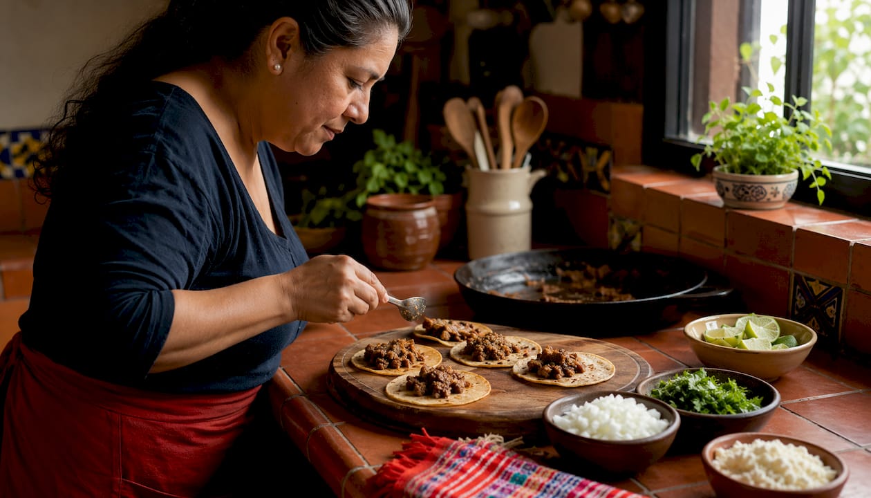 Homemade Mexican ground beef tacos on rustic table