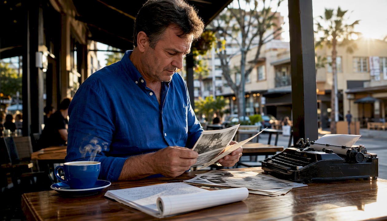 Man reviewing apartheid era notes at home desk