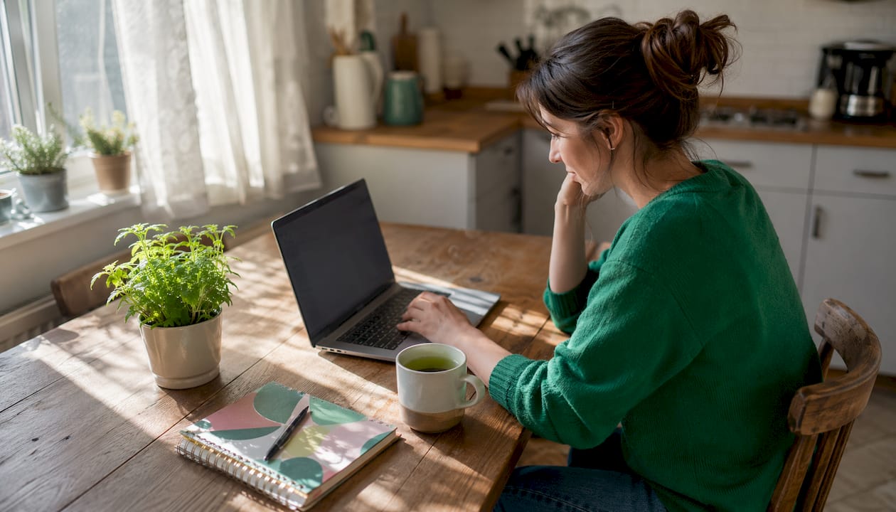 Woman working on online Excel spreadsheet at home desk