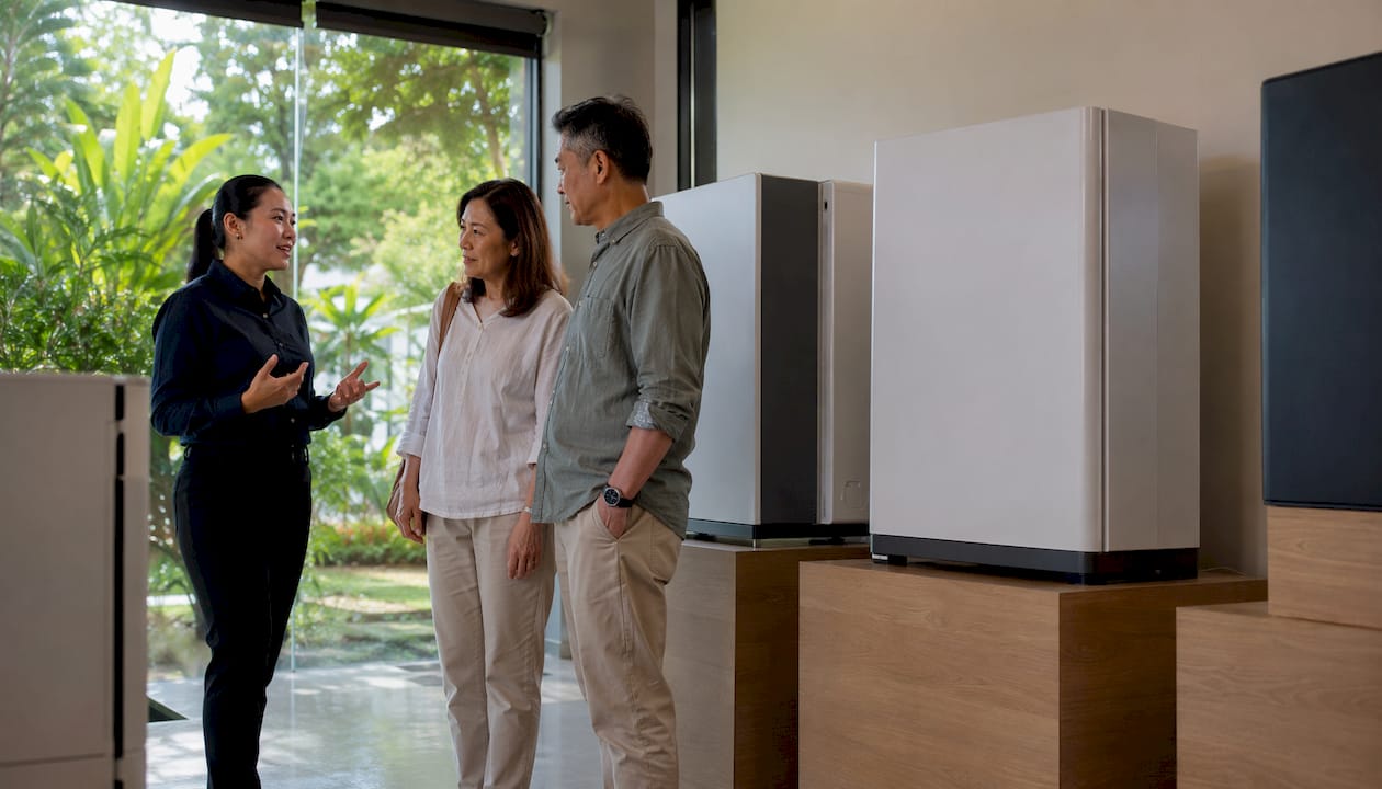 Installer explaining solar batteries to customers