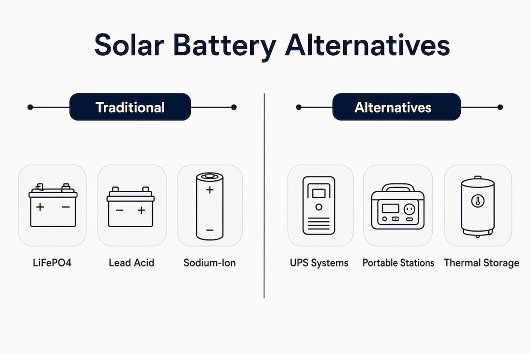 Infographic comparing traditional vs alternative solar battery types