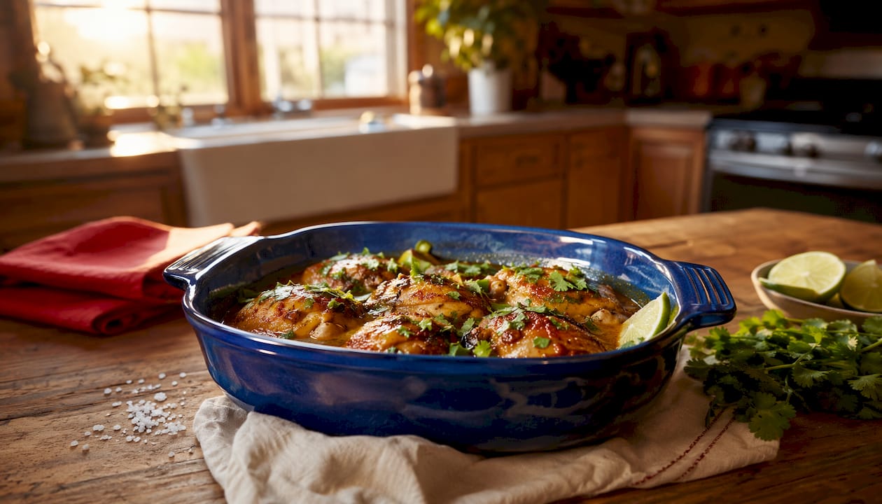 Slow cooker chicken dish garnished with parsley and lemon
