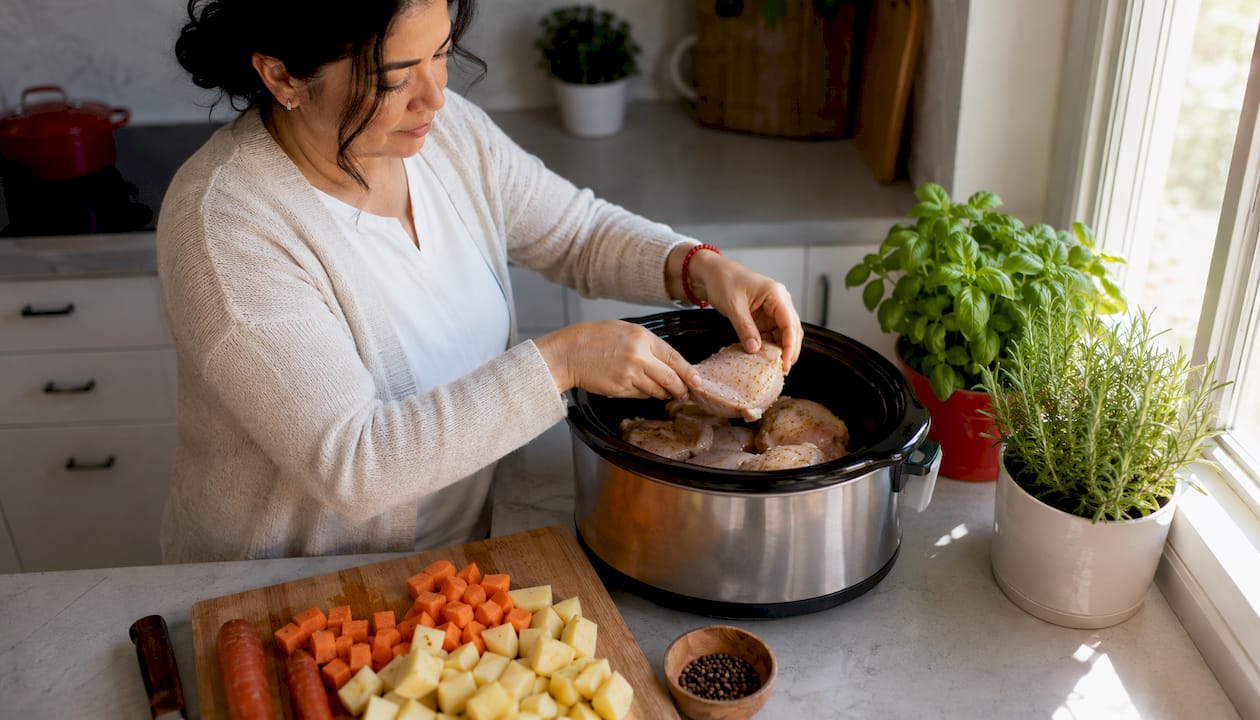Woman placing chicken thighs into slow cooker