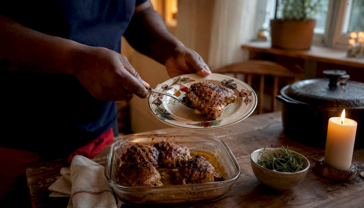 Hands transferring cooked chicken to sheet pan