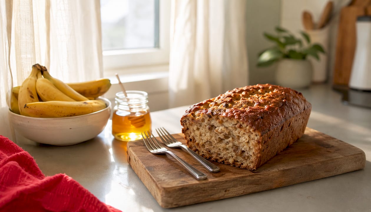 Fresh gluten-free banana bread cooling on rack