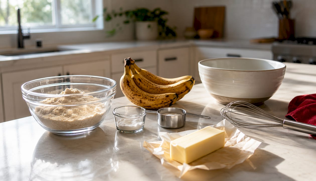 Overhead view of gluten-free banana bread ingredients