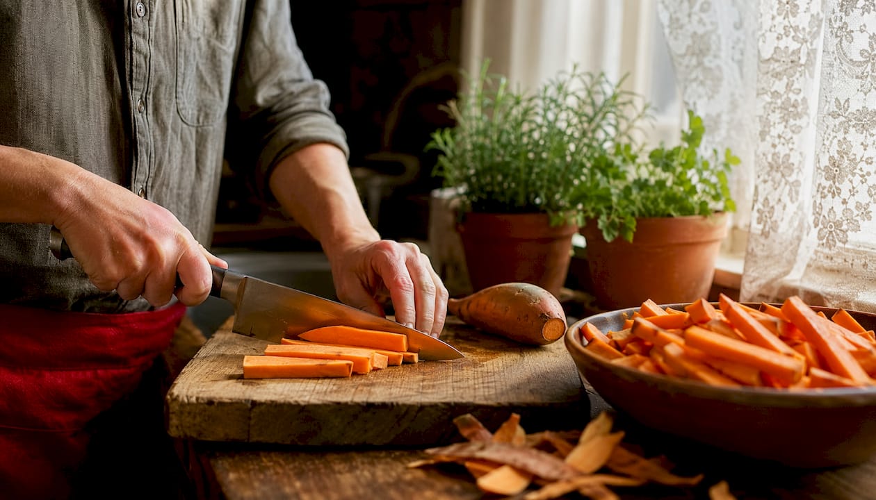 Person cutting sweet potatoes into fries
