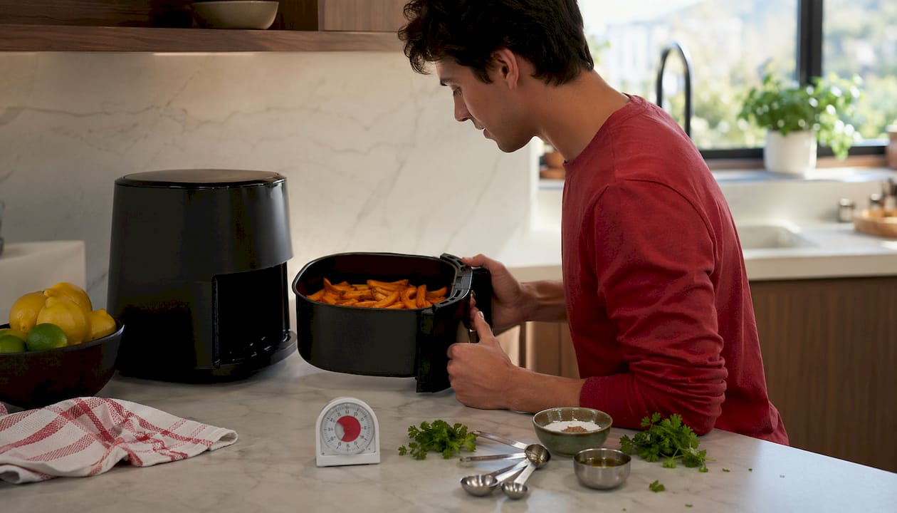 Person checking sweet potato fries in air fryer