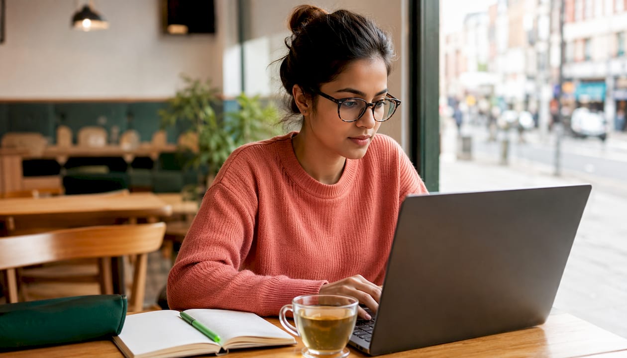 Woman studying Excel assessment at home desk