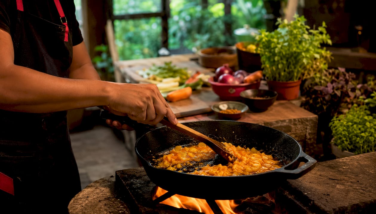 Hands stirring caramelizing ají amarillo paste in pot