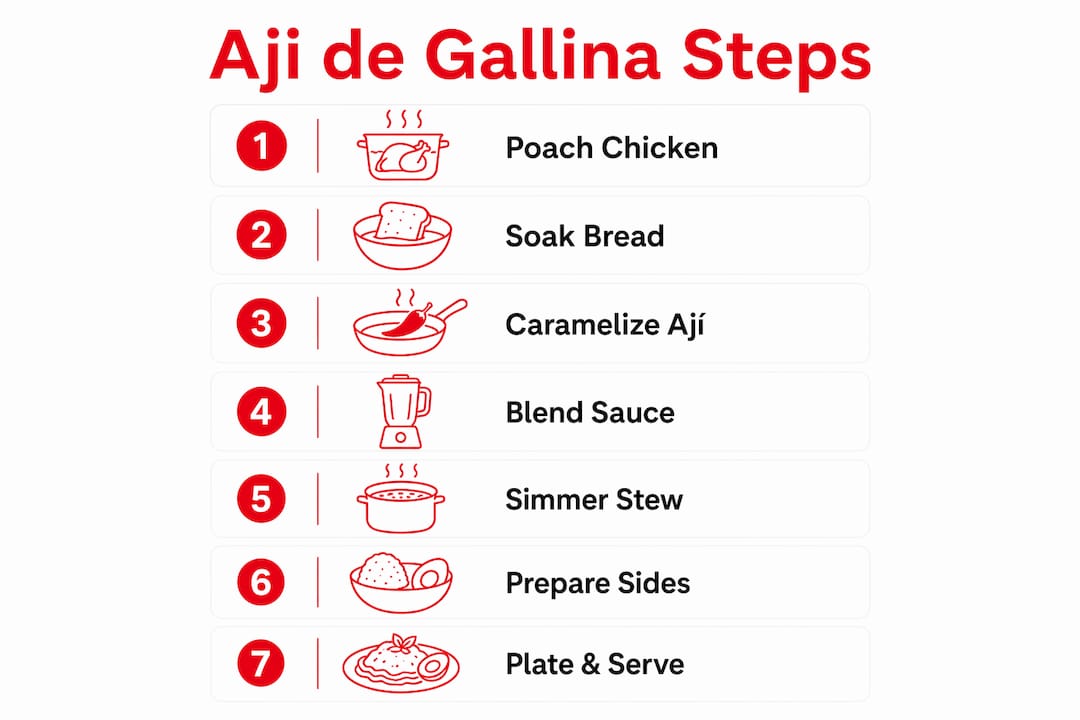 Infographic showing step-by-step Aji de Gallina recipe process