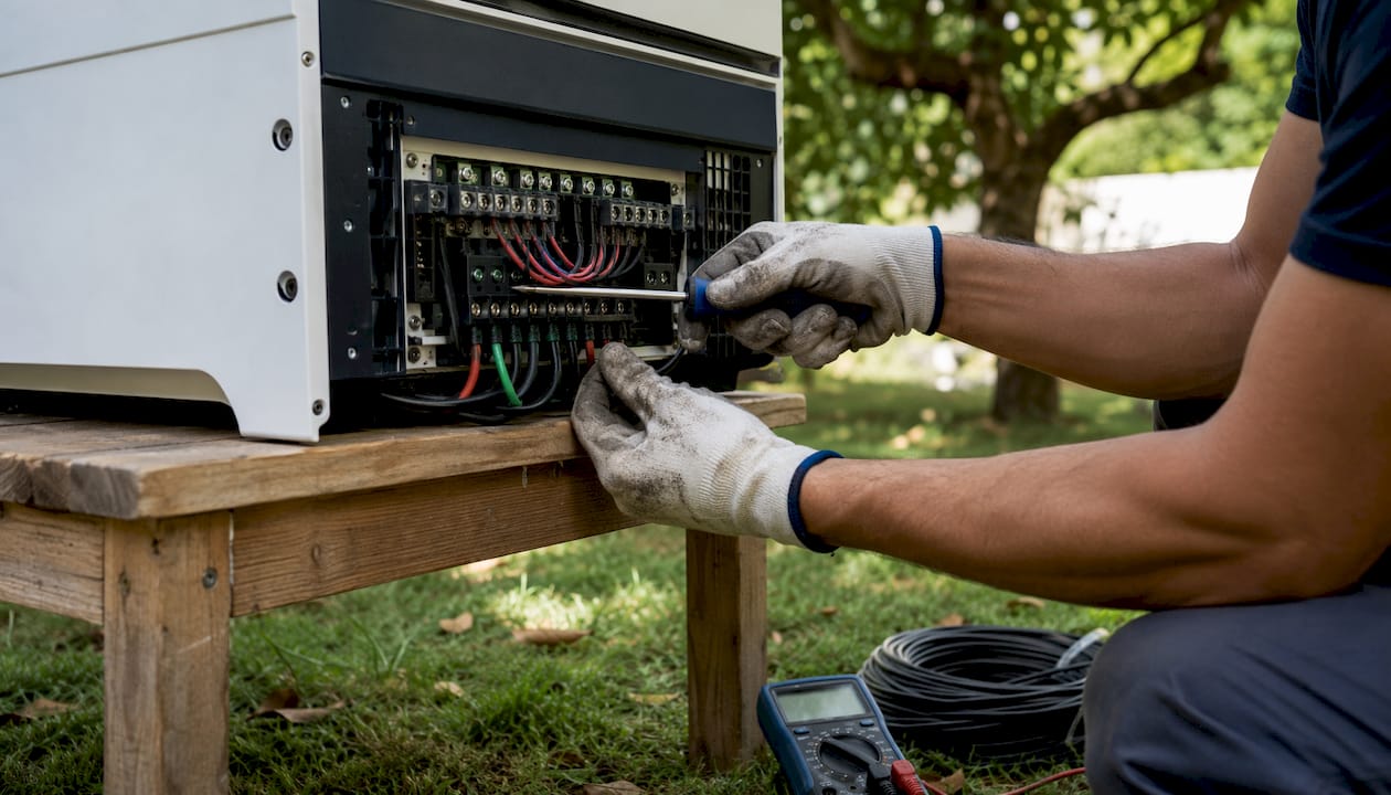 Close-up of hands wiring a solar inverter unit