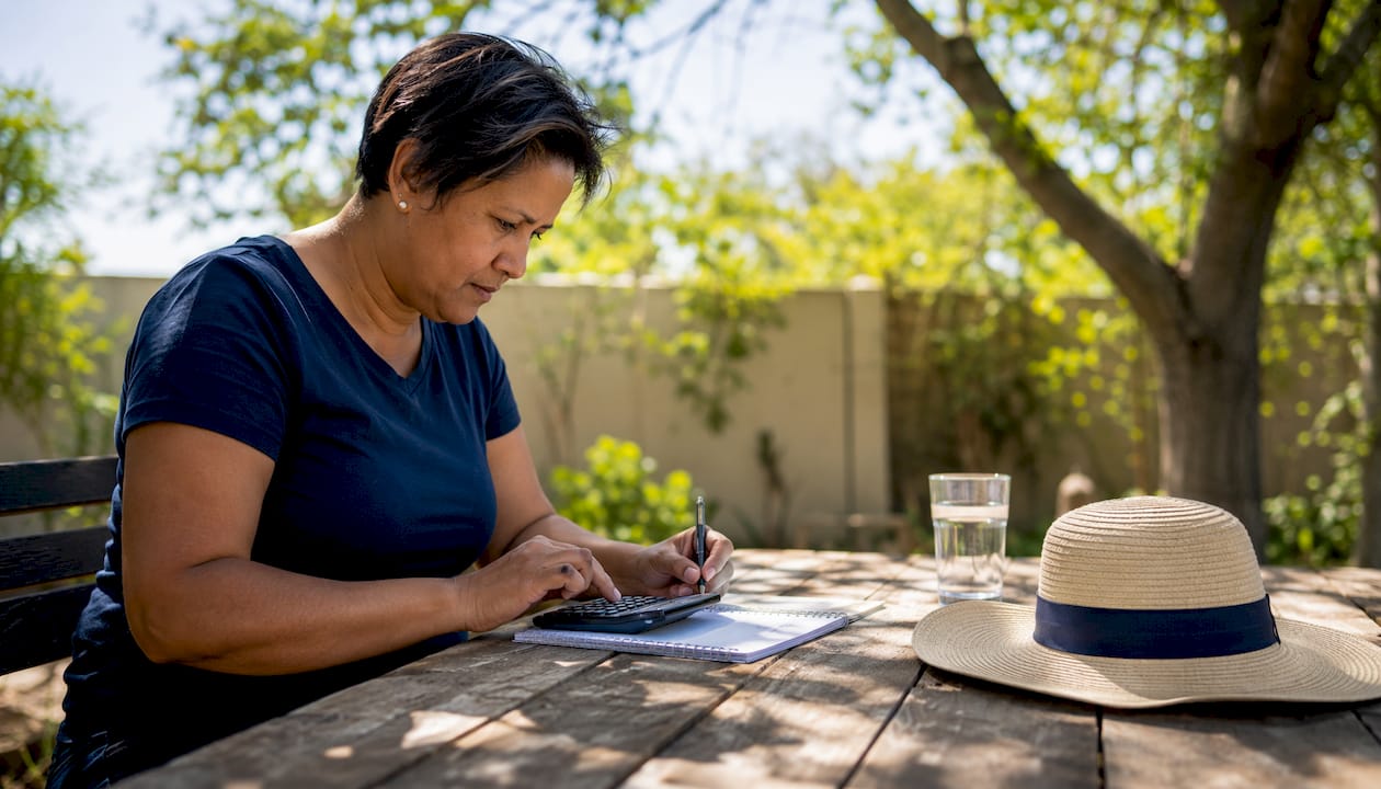 Woman calculating home solar load at kitchen table