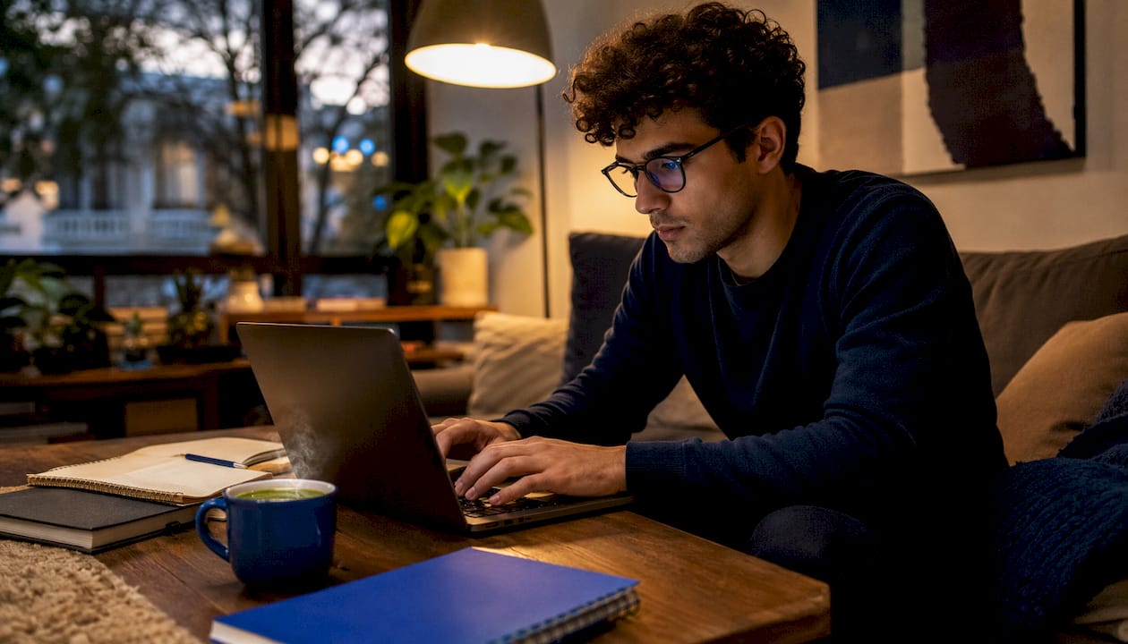 Young professional typing at home office desk