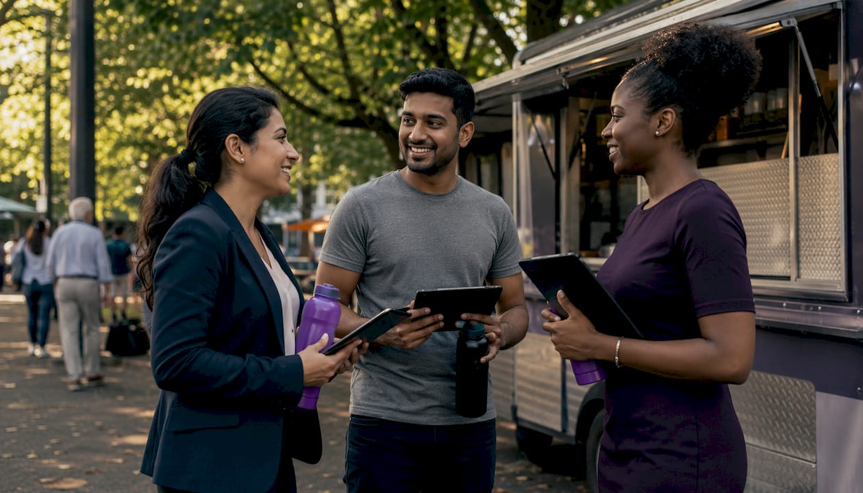 Group discussing regional Amazon pay outdoors