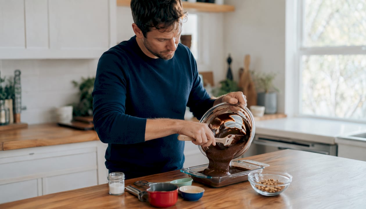 Man tenting foil over gluten free brownie pan
