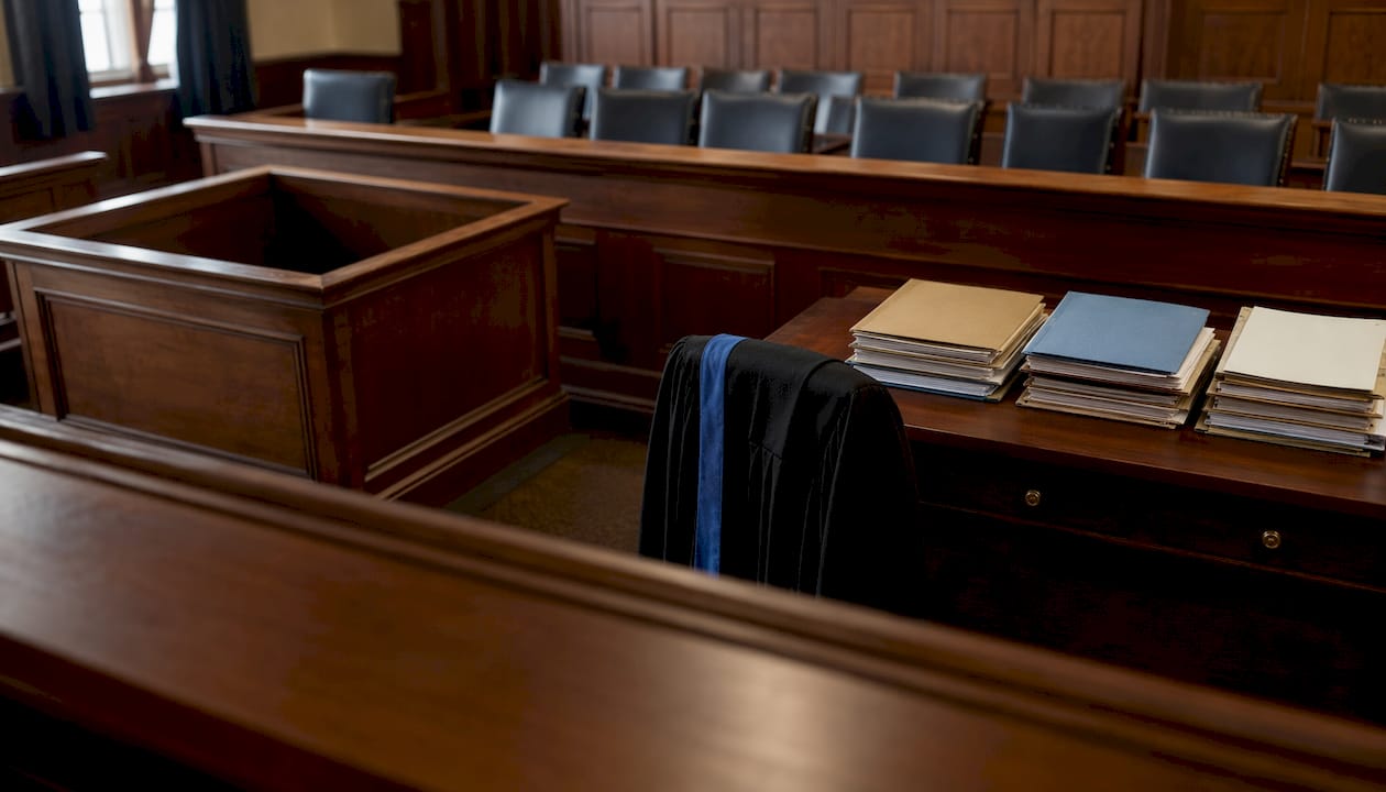Empty courtroom setup with legal commission documents