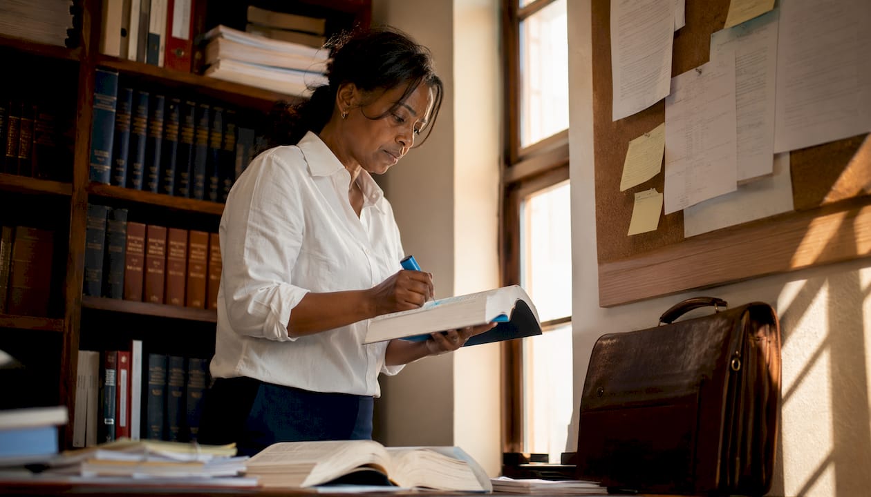 Woman reviewing legal administrative documents at desk