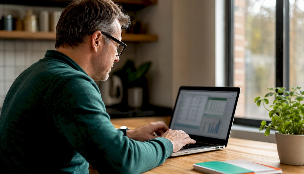 Hands creating PivotTable on laptop keyboard