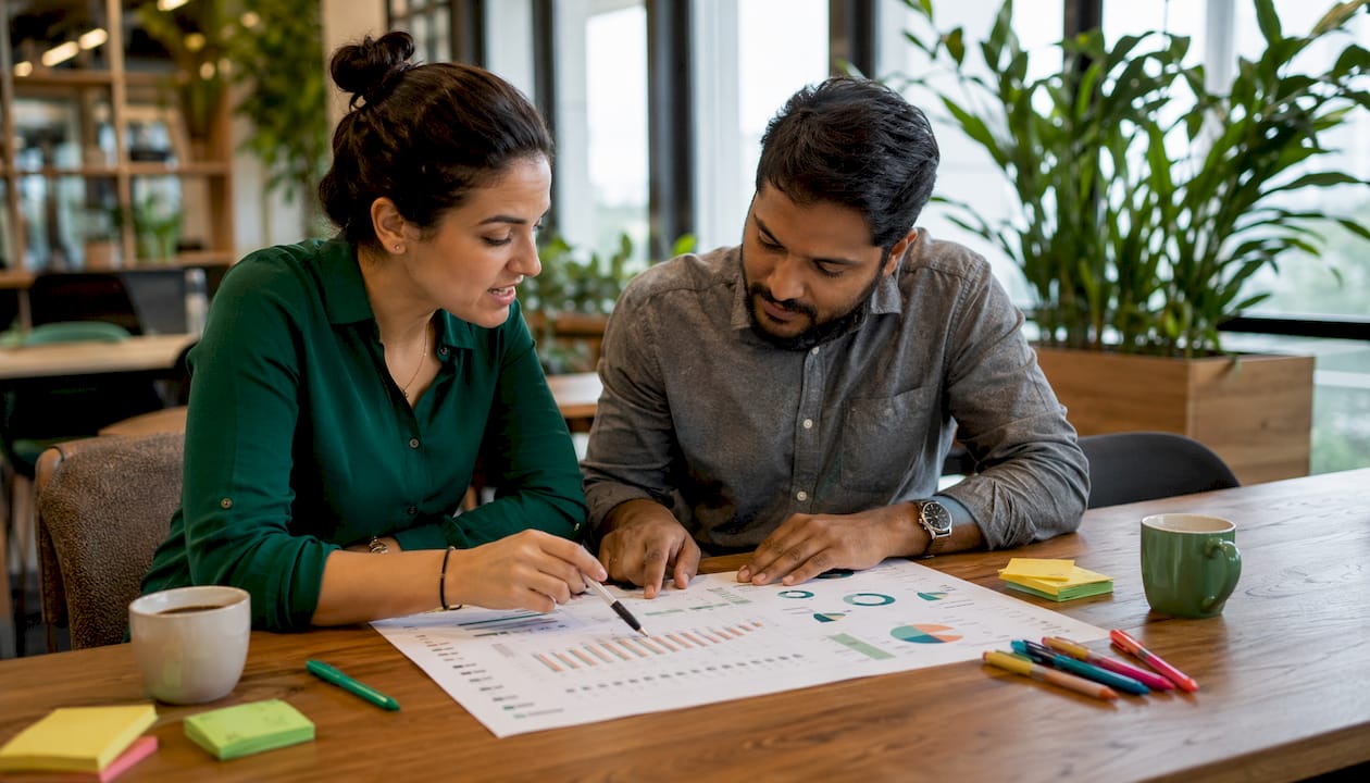 Colleagues discussing Excel slicers on printed dashboard