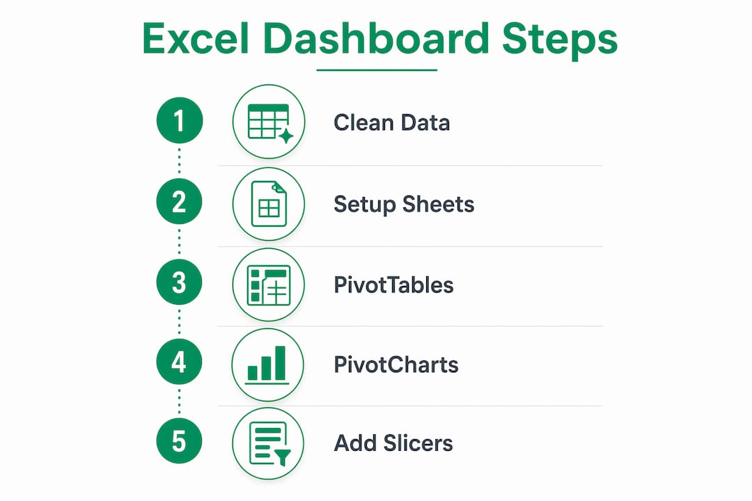 Infographic depicting step-by-step Excel dashboard building process
