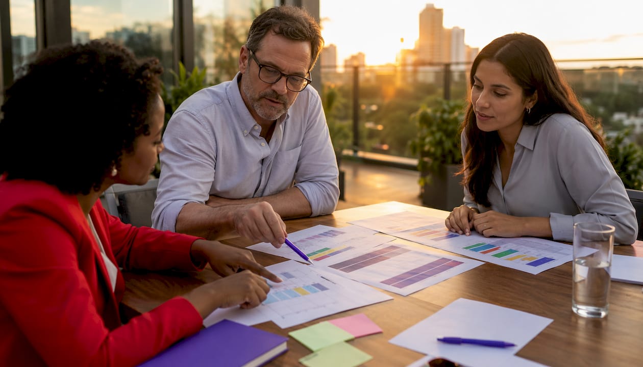 Overhead view of colleagues analyzing Accenture career data
