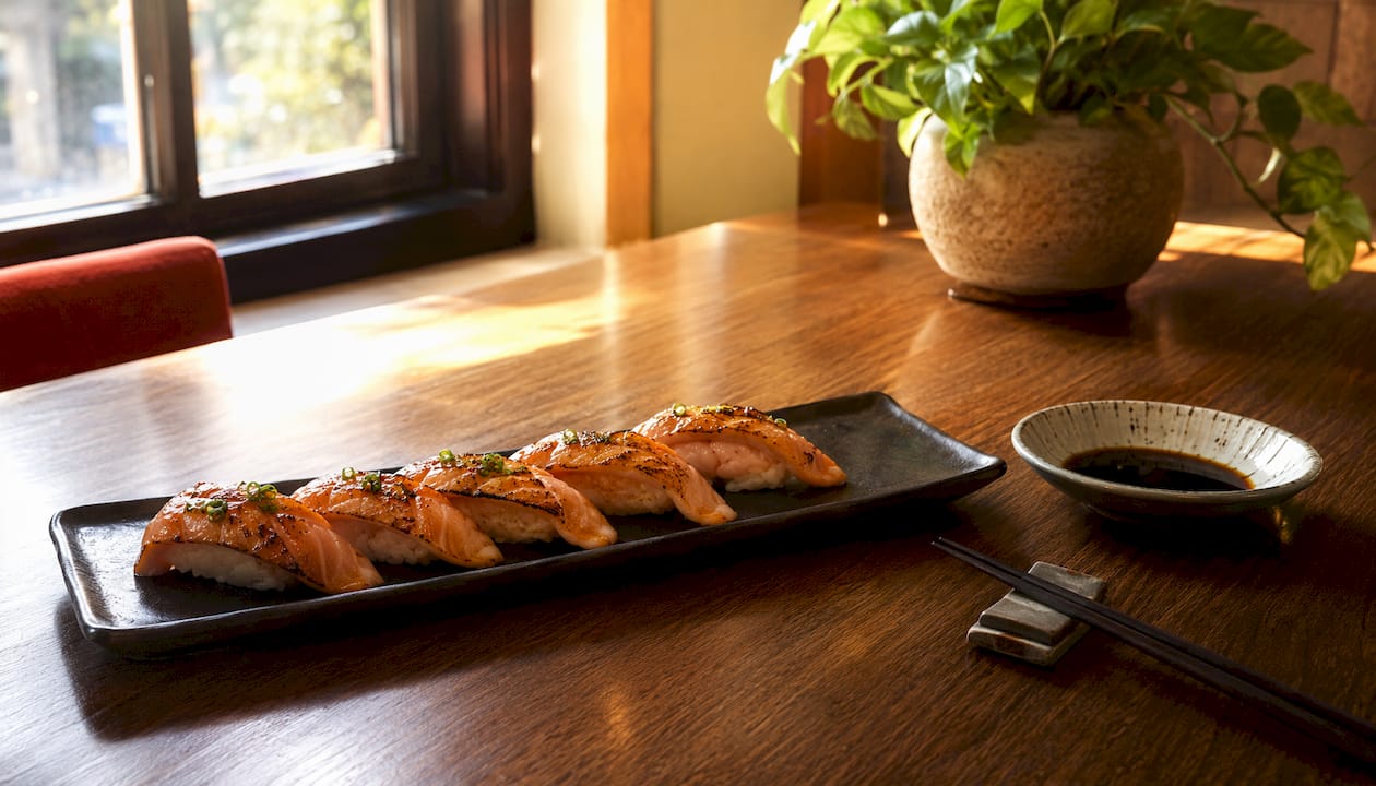 Freshly made aburi salmon nigiri on sushi board